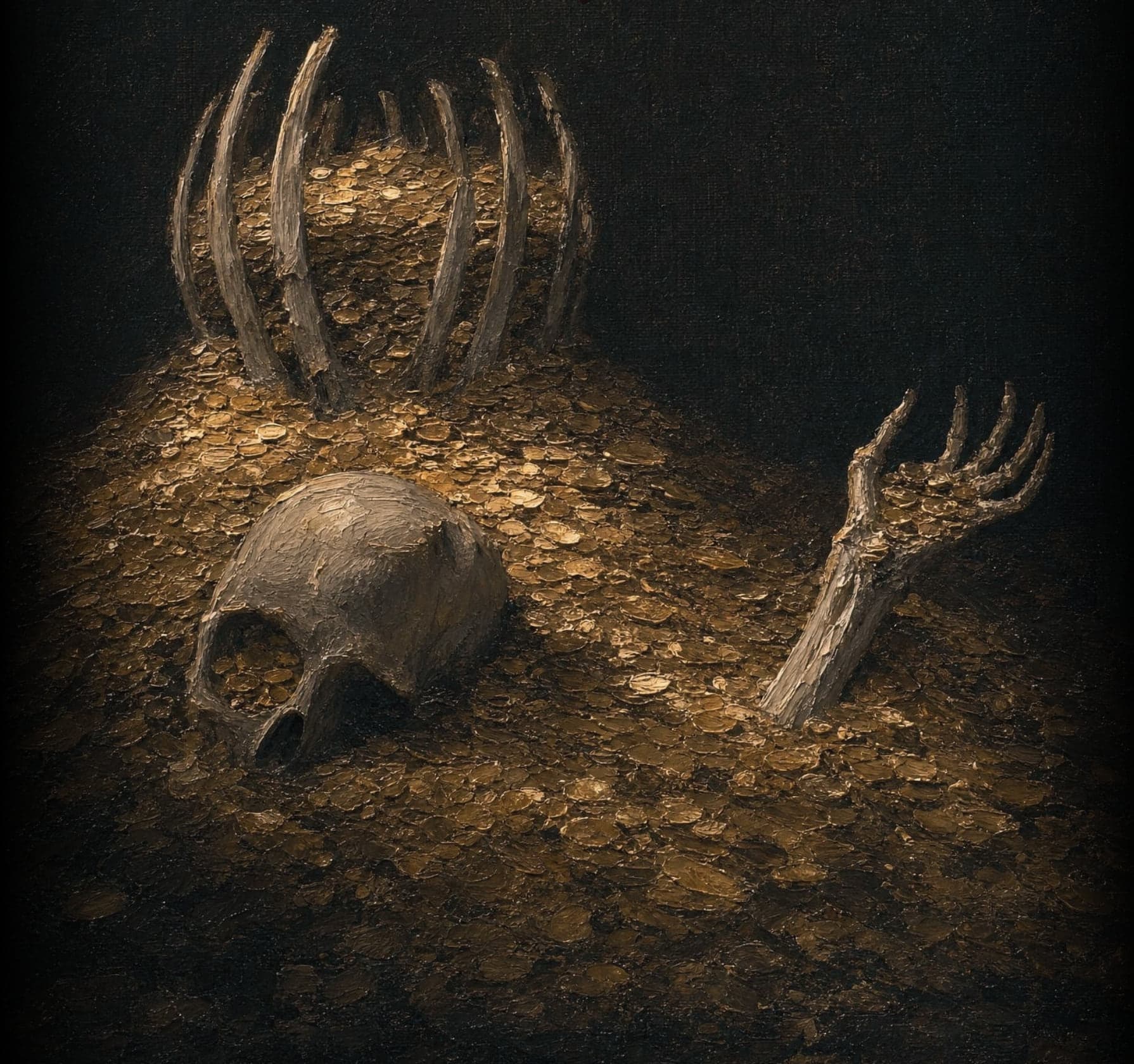 Treasure token artwork: a skull and a skeletal hand in a hoard of gold coins